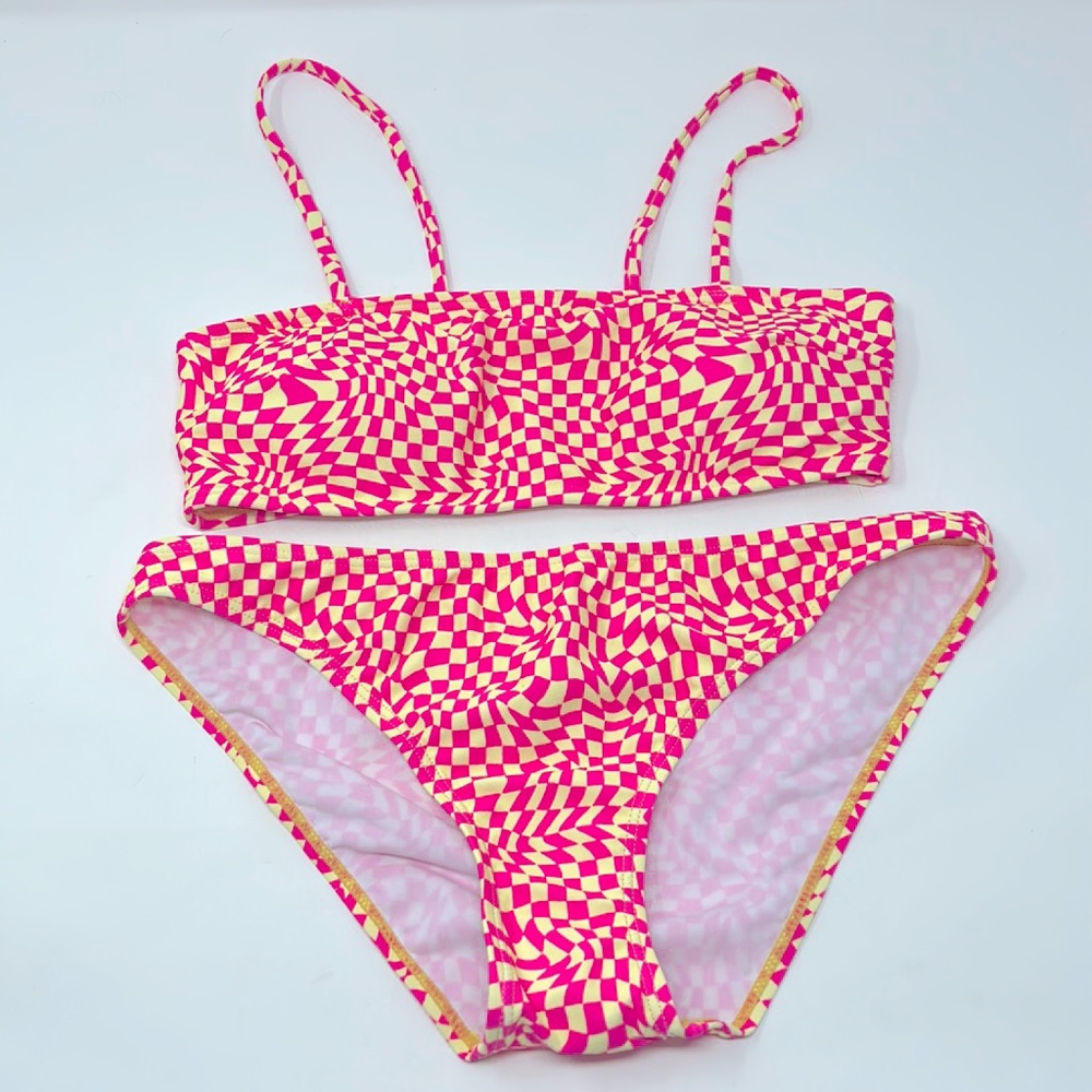 NWOT SHEIN Neon Pink & Yellow Checkered Bikini Swimsuit Set Size Small